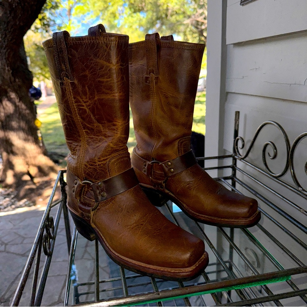Frye Wmn's 7.5 Harness 12R 77300 Brown Square Toe Mid-Calf Riding Core Boots USA